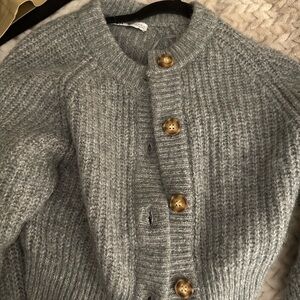 Zara ribbed knit jacket gray marl chunky sweater button